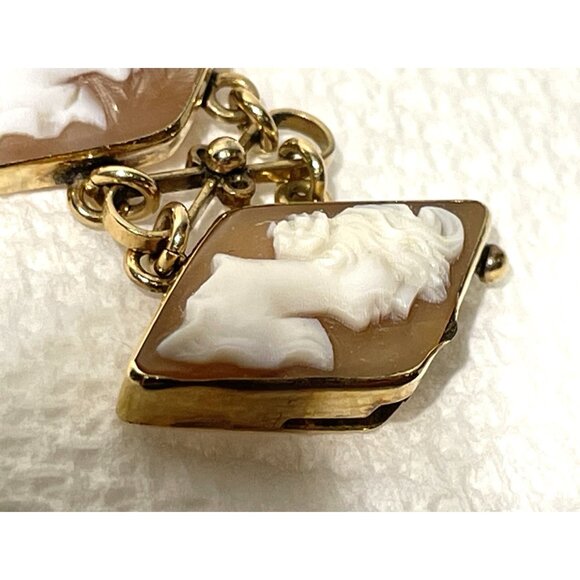 14K Gold Carved Shell Cameo Bracelet 6" With Geometric Diamond Design - Picture 16 of 16